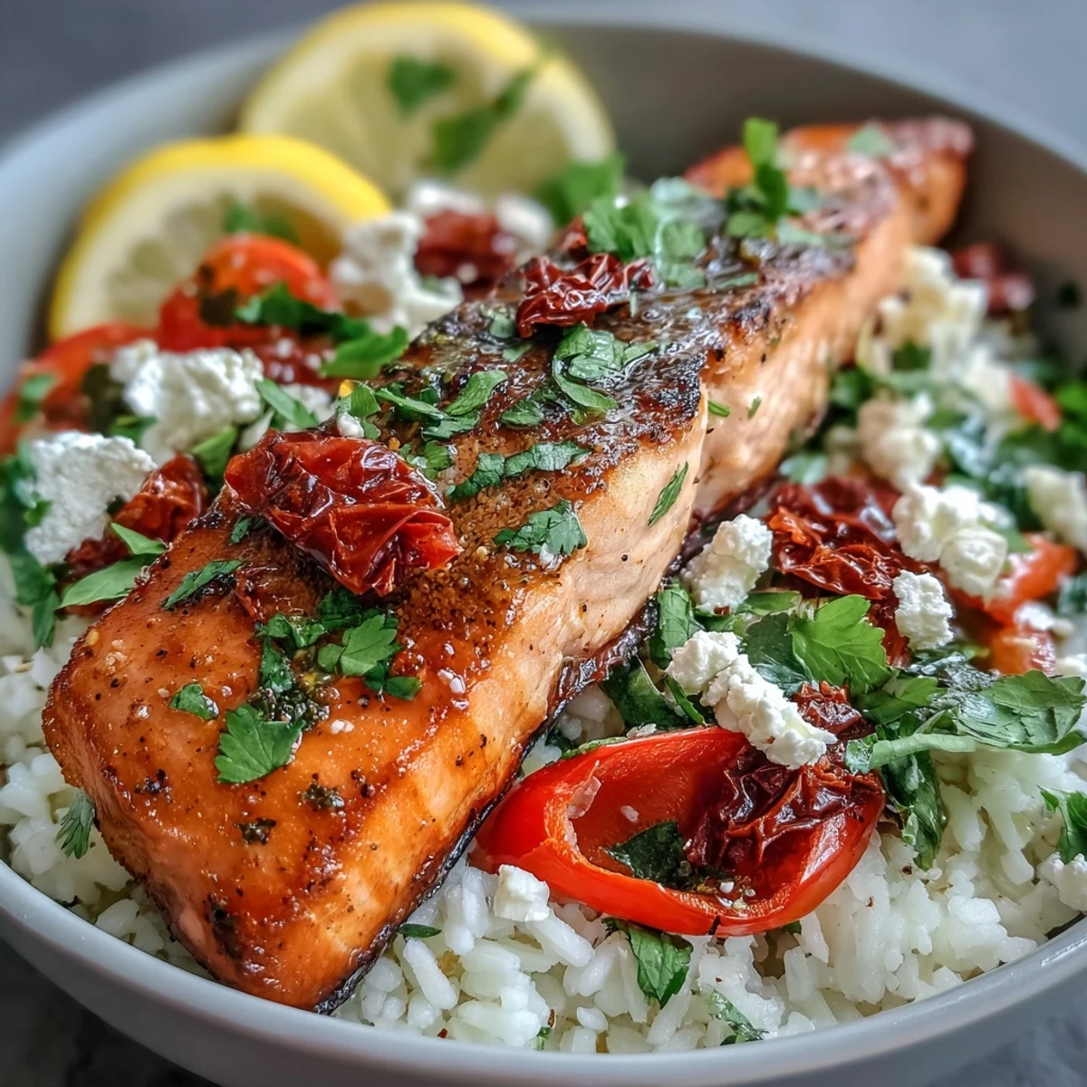 Frisch gebratener Lachs liegt auf knusprigem Reis mit bunten Baby-Paprika und getrockneten Tomaten im Mediterranean Salmon Bowl.