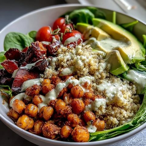 Vibrant Buddha Bowl with Quinoa, roasted sweet potatoes, crispy chickpeas, and fresh veggies topped with creamy garlic tahini dressing.