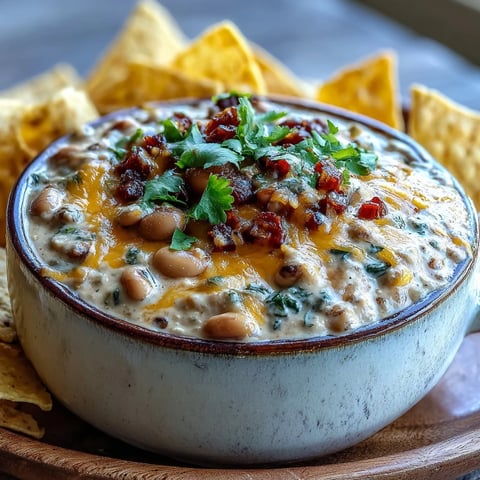 Heißer schwarzaugenerbis dip mit Jalapeño und Kreuzkümmel, cremig, scharf und goldbraun aus dem Ofen auf Tortilla-Chips.