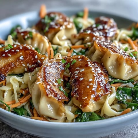 Warme Potsticker Noodle Bowls mit frischen grünen Zwiebeln und Sesamkrönchen für den Abendtisch.