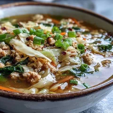 Gemüsereiche Cozy One-Pot Egg Roll Soup mit grünen Zwiebeln und Ingwer wird im Topf geschmort und auf einer Schüssel mit Strohhalmen serviert.