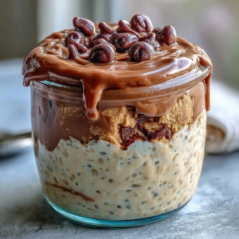 Cremige Peanut Butter Cup Overnight Oats mit Schokoladenglasur und Minischokotropfen im Glas.