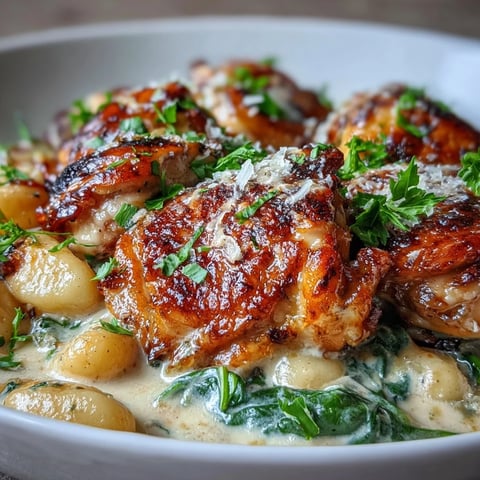 One-Pan Creamy Garlic Chicken Gnocchi mit goldbraunem Hähnchen in cremiger Knoblauchsauce, Spinat und Parmesan in der Pfanne
