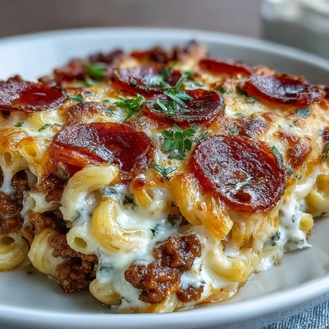 High-Protein Pizza Pasta Bake mit knusprigem Pepperoni und geschmolzenem Mozzarella aus dem Ofen.