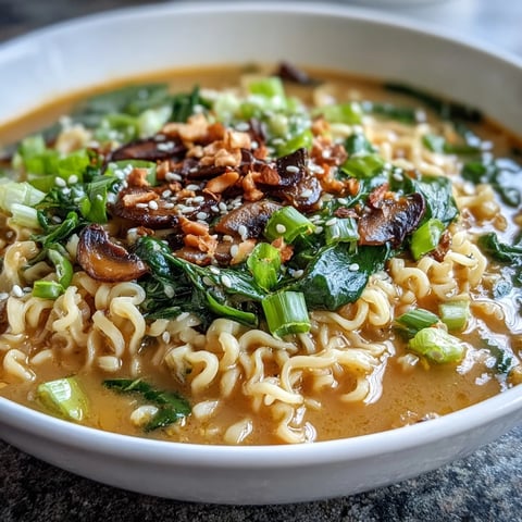 Ein Topf mit Vegan Coconut Curry Ramen, frischem Bok Choy und Pilzen auf einer dunklen Oberfläche.