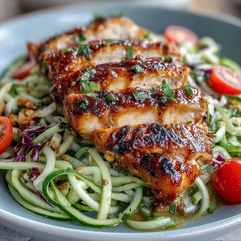 Knackige Gurken-Nudeln mit buntem Gemüse und saftigem Chili-Limetten-Grillhähnchen, ein erfrischender Sommer-Salat.