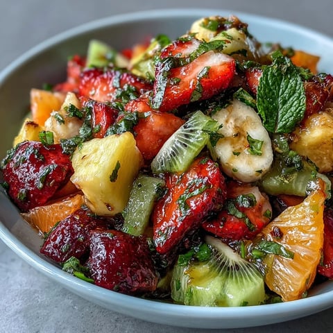 1. Ein farbenfroher Teller mit tropischer Fruchtmischung, garniert mit Minzlimettendressing für einen erfrischenden Sommergenuss.  