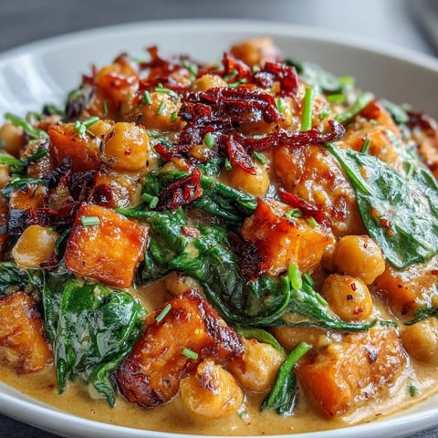 Creamy Coconut Curry Chickpea Skillet mit Spinat und Süßkartoffel, ein veganes Ein-Pfannen-Gericht mit aromatischer Kokosmilch und zarten Süßkartoffeln.