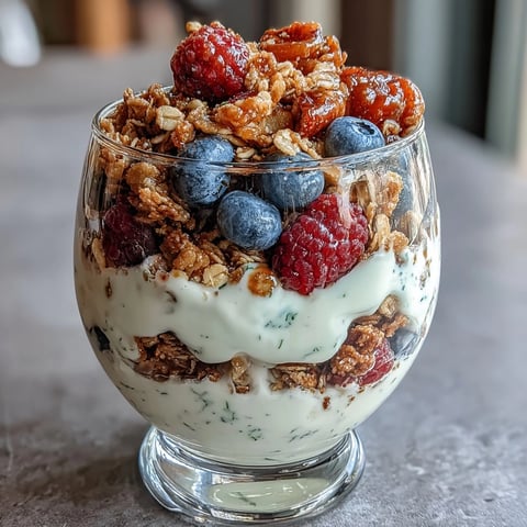 10-Minuten griechischer Joghurt-Beeren-Parfait mit knusprigem Granola-Topping, perfekt für ein schnelles, proteinreiches Frühstück.