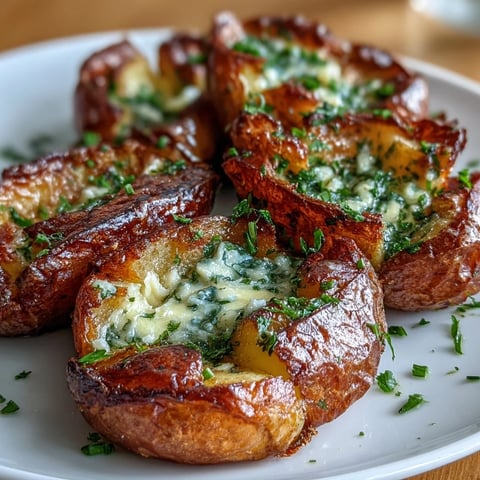 Knusprige Kartoffeln mit Knoblauch und Kräutern, goldbraun gebacken und mit frischen Kräutern garniert.  
