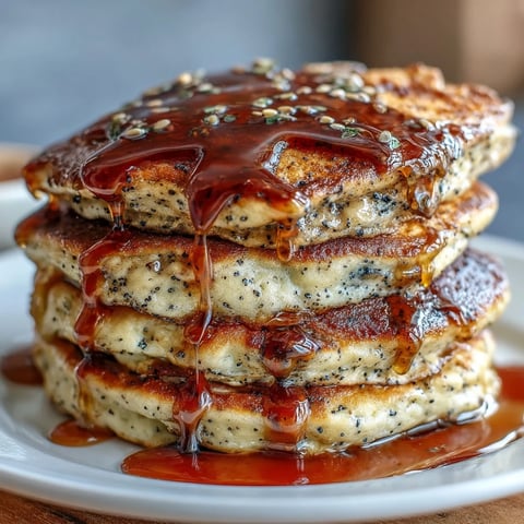 Fluffige schwarze Sesam-Pfannkuchen mit nussigem Aroma und goldener Kruste, serviert mit Ahornsirup.  