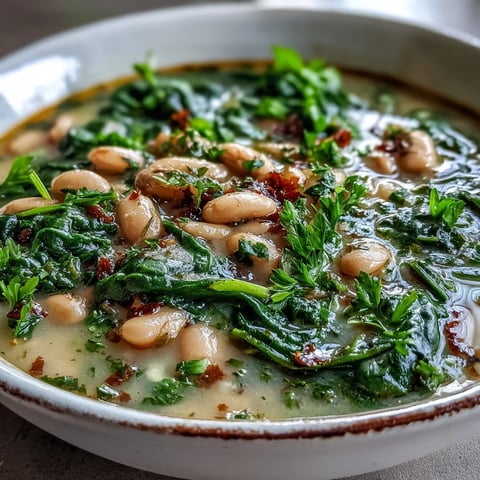 Herzhafte toskanische weiße Bohnen- und Spinat-Suppe mit aromatischen Kräutern in reichhaltiger Brühe.