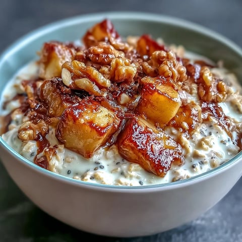 1. Schüssel mit cremigen Overnight Oats, garniert mit Zimt-Äpfeln und knusprigen Walnüssen – perfektes Frühstück für den Herbst.  