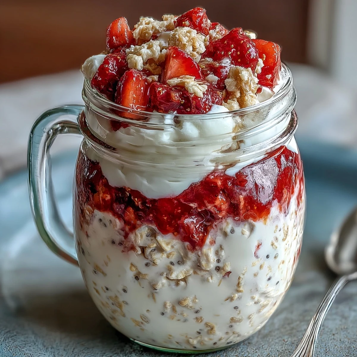 1. Cremige Overnight-Oats mit Erdbeeren und Cheesecake-Schicht in Einmachgläsern, perfekt für ein einfaches, gesundes Frühstück.  