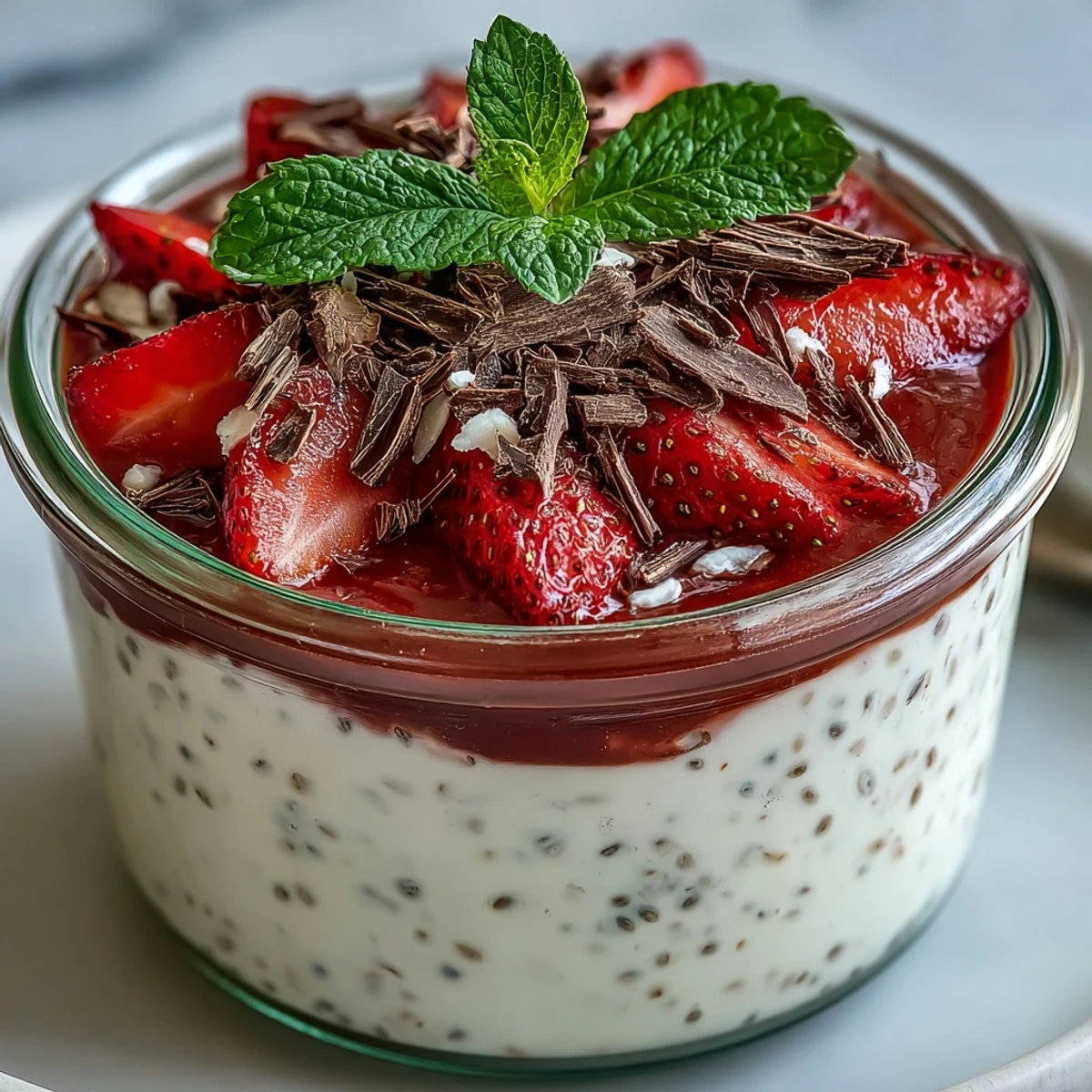 Bunter Chia-Pudding mit Erdbeeren und dunklen Schokoladenraspeln, perfekt für ein gesundes Frühstück oder Dessert.