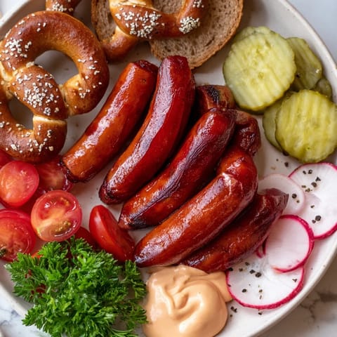 A hearty Vegan German Sausage Board with pretzels, pickles, and a flavorful mustard spread for sharing.