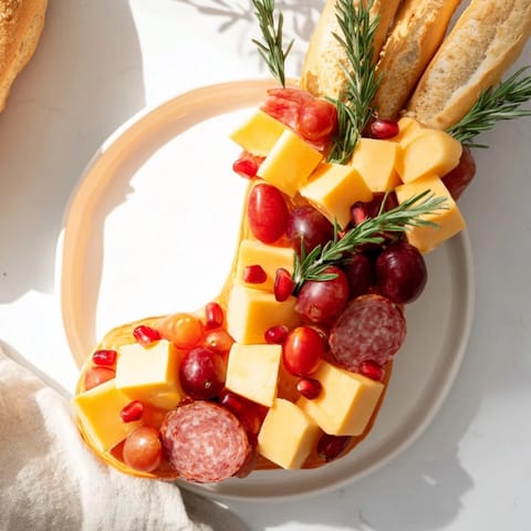 Holiday Christmas Stocking Snack Tray, a fun appetizer loaded with crackers, cheese, and olives.