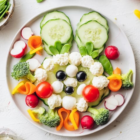 Vibrant overhead shot of an Easter Bunny Spring Platter showcasing a fun, healthy vegetarian appetizer.
