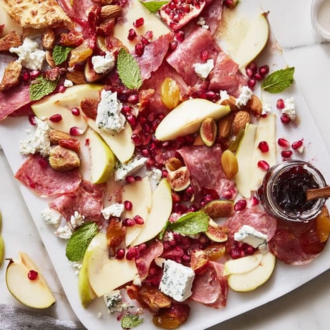 A Mediterranean Pomegranate Jewel Cascade, beautifully arranged with cheeses, cured meats, and fresh elements.