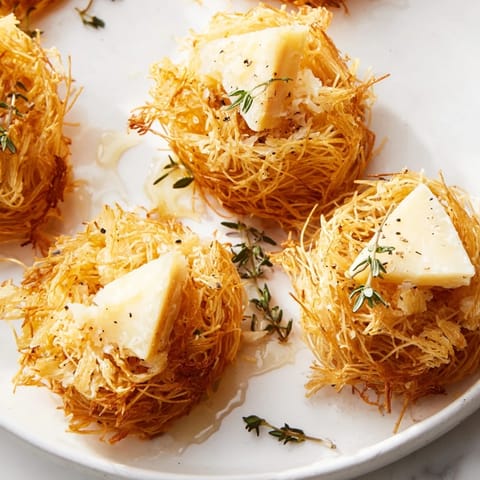 A delectable Rustic Barnyard appetizer with golden phyllo nests and generous hunks of farmhouse cheeses.