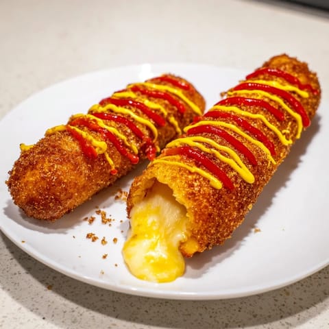 A close-up shows the delightful cheese pull from these freshly fried Cheesy Korean Corn Dogs.