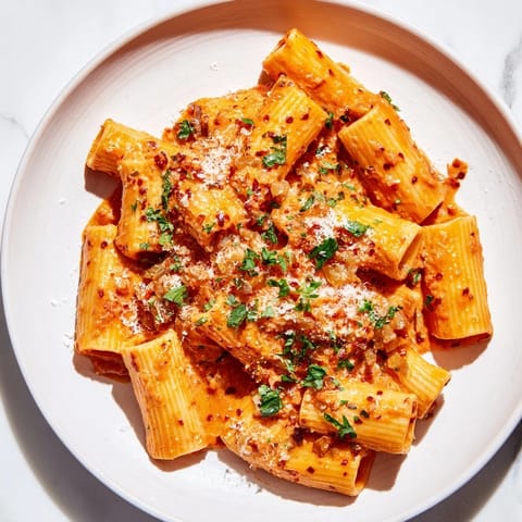 Close-up of Gigi Hadid-Style Spicy Rigatoni, a comforting pasta dish with rich flavors and chili flakes.