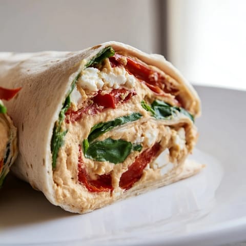 Frisch zubereiteter Mediterranean Veggie Wrap mit Feta-Käse und Röstaromen, perfekt für ein leichtes Mittagessen unterwegs.