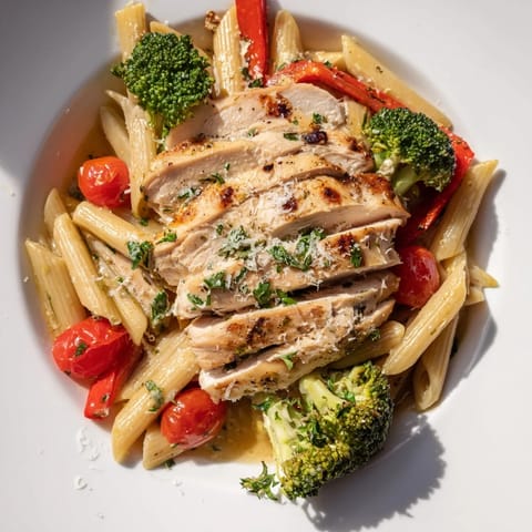 Köstliches Garlic Herb Chicken & Veg Pasta auf einem Teller mit Penne und buntem Gemüse.