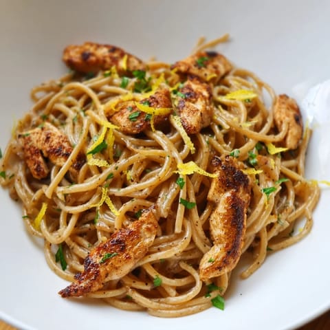 Goldene Tagliatelle mit Hähnchen in Zitronenbutter-Sauce, garniert mit frischer Petersilie und geriebenem Parmesan auf einem rustikalen Holztisch.