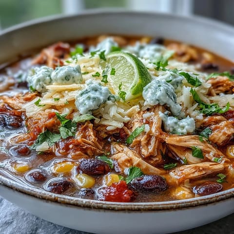 Dampfender Instant Pot Chicken Tortilla Soup mit knusprigen Tortilla-Streifen und Avocado.