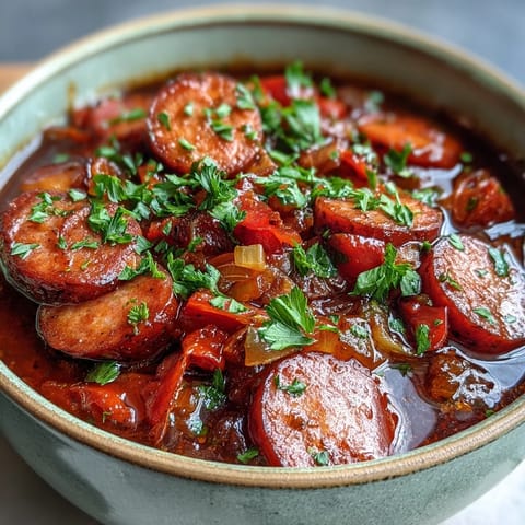 Smoked cocktail sausages and tender red bell peppers simmer in tangy BBQ sauce and apricot jam inside the slow cooker.