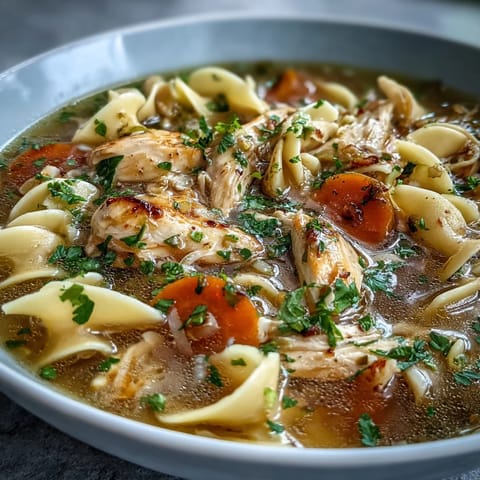 Instant Pot Chicken Noodle Soup mit gewürfelten Karotten und Sellerie in einer dampfenden Schüssel