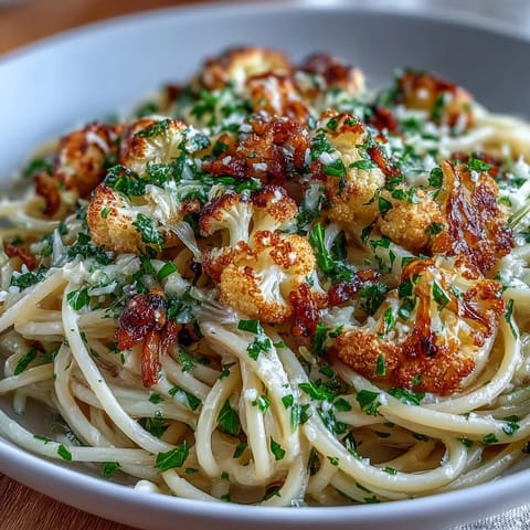 Köstliche Spaghetti mit geröstetem Blumenkohl, Anchovis und Rosinen, serviert auf weißem Teller