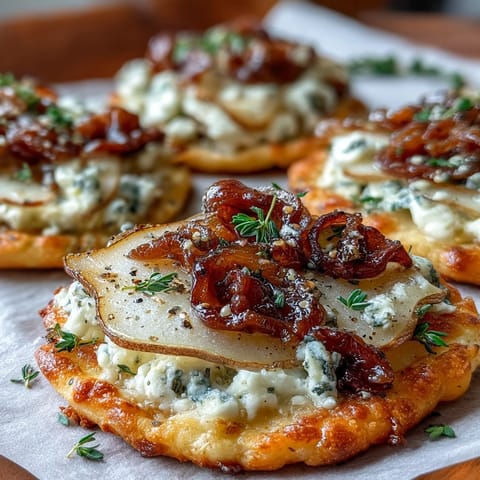 Kleinformatige Pizzettes mit süßer Birne, blauem Käse und tangy eingelegten Walnüssen, garniert mit frischem Thymian und leichtem Honig-Tropfen.