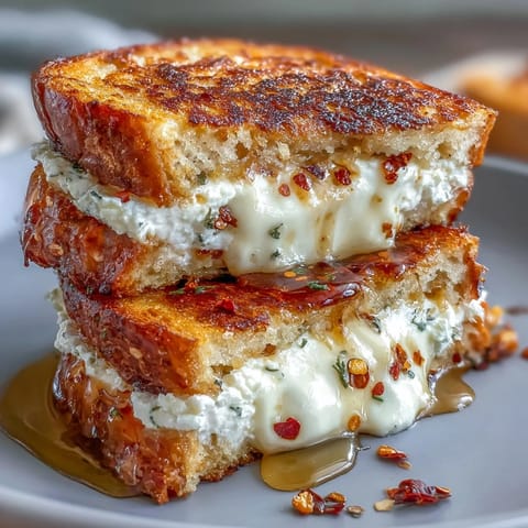 Slices of Goat Cheese Grilled Cheese with Honey & Chili Flakes on a wooden board, creamy filling peeking out.