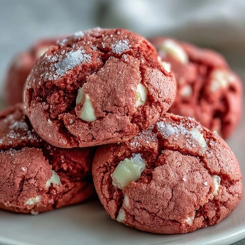 Frisch gebackene Pink Velvet Cookies mit knusprigen Rändern auf einem holzverkleideten Tablett.