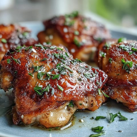 Golden-brown Crispy Baked Bone-In Chicken Thighs rest on a platter next to fresh lemon wedges. 