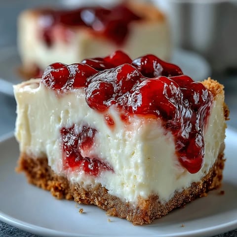 Velvety Indulgent White Chocolate Raspberry Cheesecake Bliss on a dessert plate, featuring a rich raspberry swirl and white chocolate shavings.