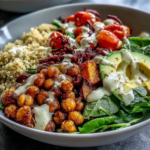 A nourishing Buddha Bowl with Quinoa piled high with roasted sweet potatoes, crispy chickpeas, avocado slices, and drizzled garlic tahini dressing.