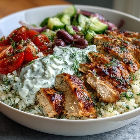 Frisch zubereiteter Greek Chicken Bowl: Knusprige Gurken und Tomaten, würzig mariniertes Hähnchen und reichhaltige Tzatziki-Sauce auf luftigem Reis, verziert mit Oliven und Kräutern.