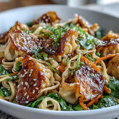 Potsticker Noodle Bowls mit bunter Karotten-Kohl-Mischung und glasiger Sojasauce im Topf.