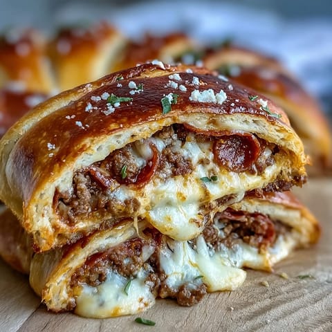 Drei Scheiben Baked High-Protein Pepperoni Stromboli mit dampfendem Innern und Marinara-Dip.