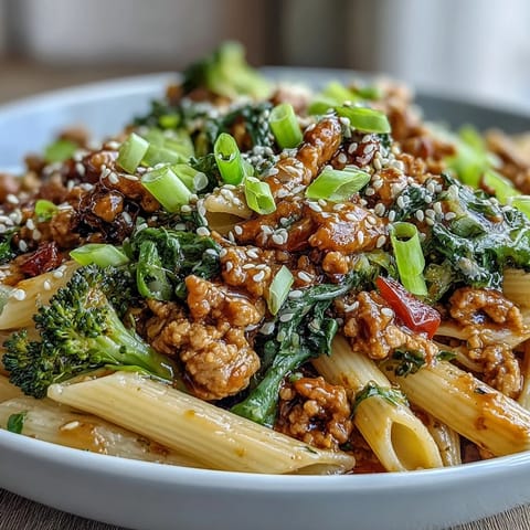 Penne Pasta mit Truthahn und Brokkoli in einer süß-scharfen Sauce für schnelle Abendessen-Ideen