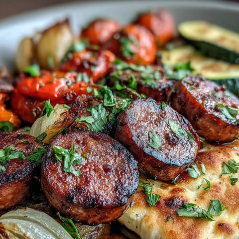 Rustikales Smoky Sheet Pan Sausage & Veggies auf Ofenblech mit bunten Paprikastücken und Zucchini, serviert mit warmem Knoblauch-Naan zum Dippen.