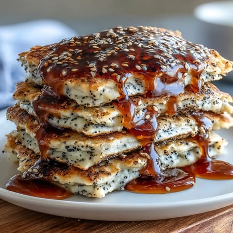 Luftige Pfannkuchen mit schwarzen Sesamsamen und süßer Honig-Note, perfekt für ein asiatisch inspiriertes Frühstück.  