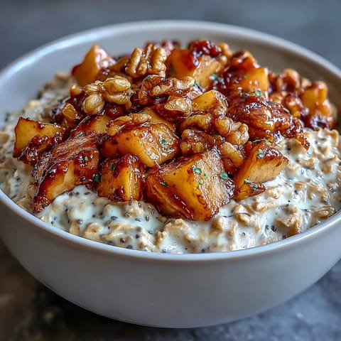 2. Herzhaftes Frühstück mit zarten Zimt-Äpfeln, knackigen Walnüssen und cremigen Overnight Oats – ideal für stressige Morgen.  