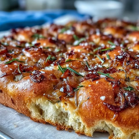 2. Luftige, selbstgemachte Sauerteig-Focaccia mit süßen Zwiebeln, bestreut mit Meersalz und frischem Rosmarin.  