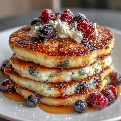 Fluffige Protein-Pfannkuchen mit Hüttenkäse und frischen Beeren, perfekt für ein nahrhaftes Frühstück oder nach dem Training.