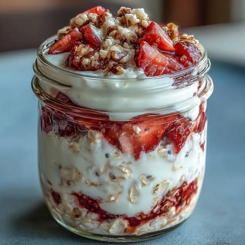 2. Schichtweise Erdbeer-Cheesecake-Overnight-Oats in Gläsern, mit frischen Beeren und cremiger Joghurt-Mischung.  