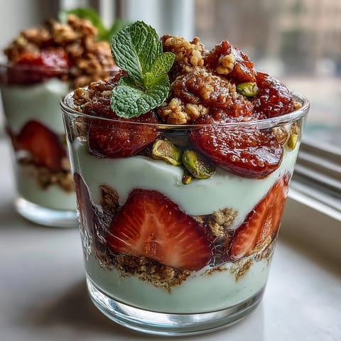 Pistazien- und Erdbeer-Frühstücksparfait mit frischen Beeren, cremigem Joghurt und knusprigen Pistazien in Glas geschichtet.  